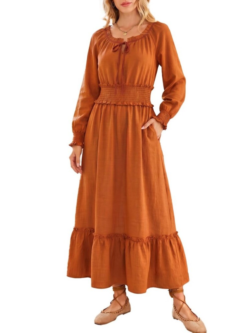Women Boho Maxi Dress Long Sleeve Smocked Waist Ruffle with Pockets